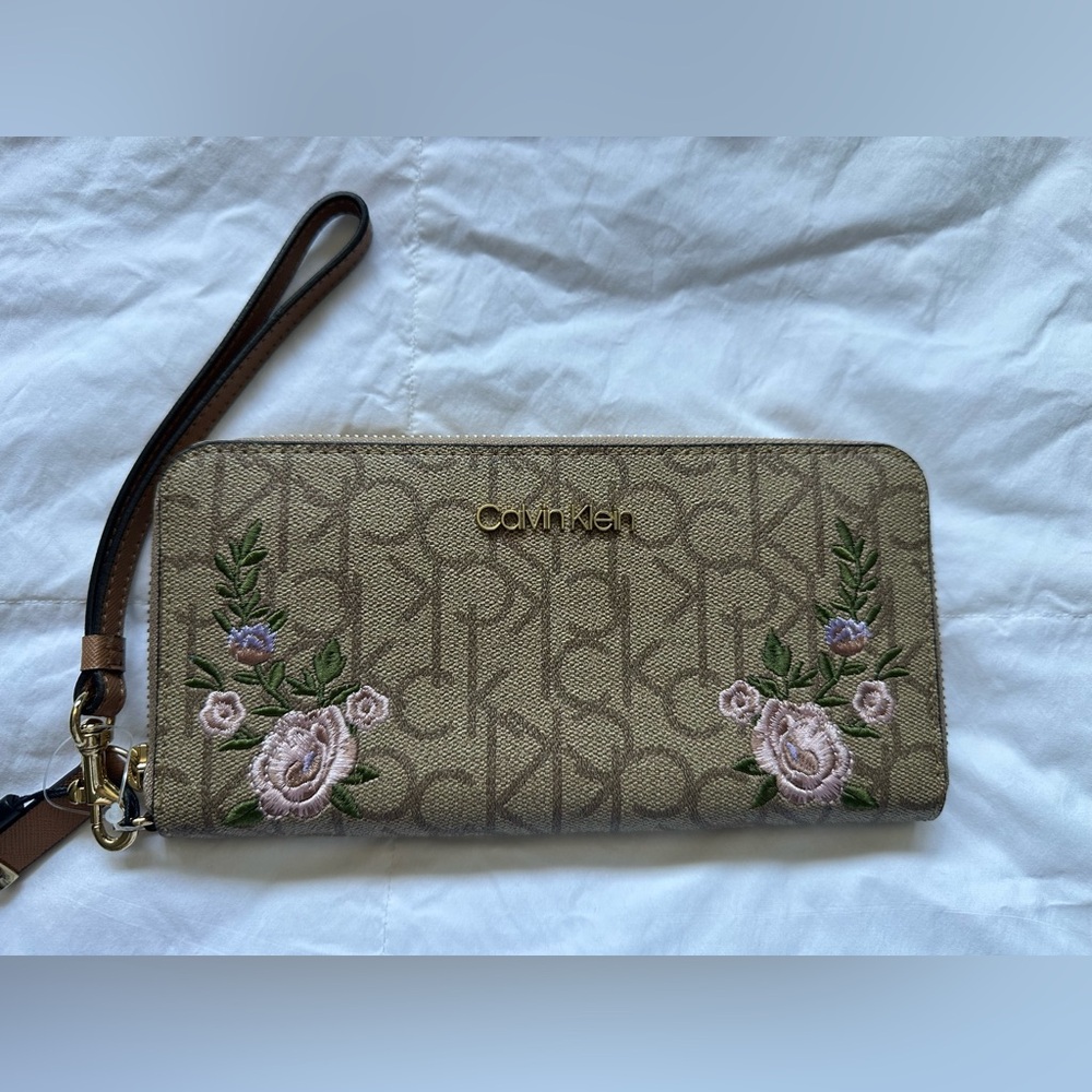 Calvin Klein Floral Embroidered Wristlet - Tan and Pink
